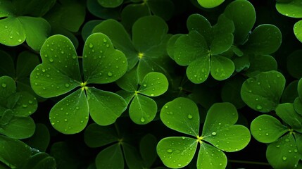 a group of clovers with water droplets on them