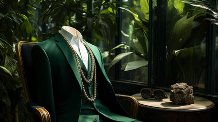 Visualize a sleek jaguar in a tailored velvet blazer, adorned with a platinum chain necklace and emerald cufflinks. Set against a backdrop of lush foliage, it exudes jungle refinement. The vibe: exoti