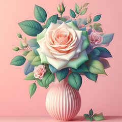Another single pastel colored rose with green leaves stands in pink vase