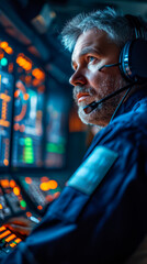 free space for title banner with an engineer with headset in a launch control room, staring at screens a launch that about to happen, stress is palpable - obrazy, fototapety, plakaty
