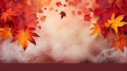 A banner for site design using red autumn leaves and the color smoke, with an autumn background. Fall foliage, flaming streams, ethereal ambiance, and natural backdrop