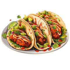 Tortilla wrap with fried chicken meat and vegetables isolated on white transparent background