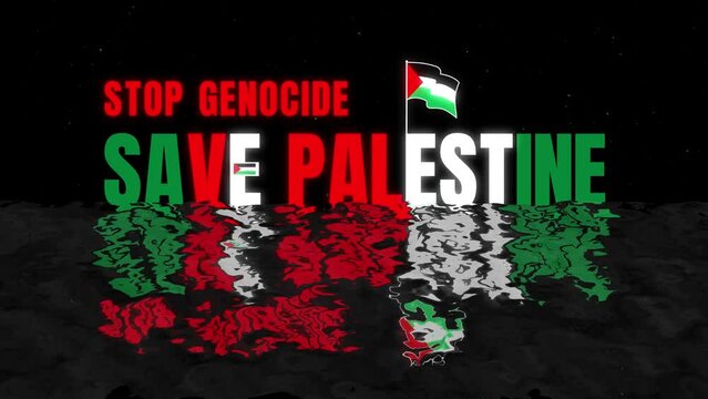 Stop Genocide Save Palestine Flag Text Intro and Outro motion graphic template with ocean wave and black stars burst particle background. 4k Stop Genocide Save Palestine 2d animation.