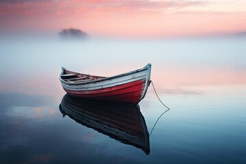 Old wooden boat in calm water in the fog. Reflection of a boat on the water. Generated by artificial intelligence