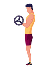 People at sport gym. Male character with barbell. Healthy and active lifestyle, in flat style. Sport exercise, fitness for body