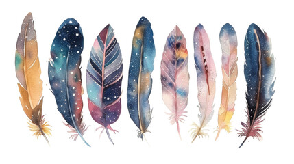 Set of artistic watercolor feathers with cosmic and floral designs, perfect for creative backgrounds or decor.