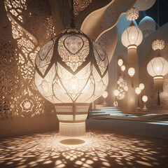3d painting of Islamic lantern Eid lamps with the word Ramadan wallpaper