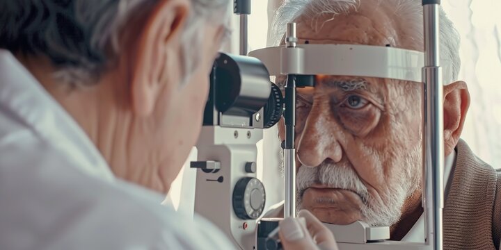 An ophthalmologist examining a patients eyes with a slit lamp , concept of Visual diagnosis