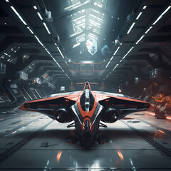 Sci-fi spaceship in a futuristic hangar.