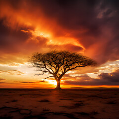 Fototapeta na wymiar Silhouette of a lone tree against a dramatic sunset