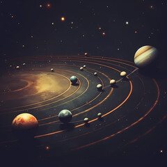 Solar system with planets in alignment.