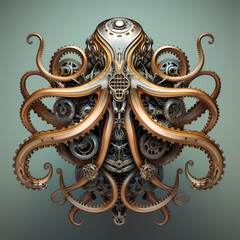 Steampunk octopus with mechanical tentacles.
