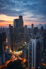 Fototapeta na wymiar Twilight Tranquility: An Aerial View of a Bustling Metropolis Cradled by the Evening Glow
