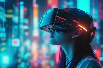 Brunette girl in virtual reality headset in neon night city with copy space