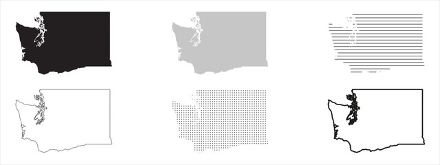 Washington State Map Black. Washington map silhouette isolated on transparent background. Vector Illustration. Variants.