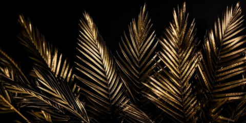 Golden Palm Tree Leaves on Black Background, copy space. Abstract Black Gold Background