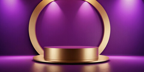Abstract geometric shape purple color minimalistic scene with golden podium, Design for cosmetic or product identity and packaging display background. 3d render Generative AI