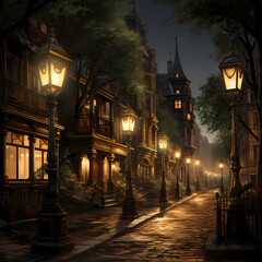 Victorian-era street with gas lamps.