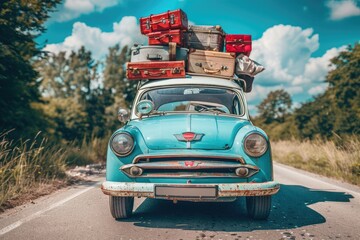 A retro car on the road with luggage on the roof