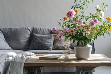 Fototapeta na wymiar Vintage Living Room Interior with Flowers on Wooden Table and Grey Settee.