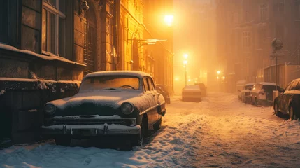 Poster Vintage car in the street of Prague in winter. Czech Republic in Europe. © Joyce