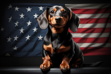 graphics of a  black dachshund on the background of the American flag