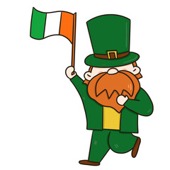 Leprechaun celebrating St Patrick's Day with Irish charm, wearing a green hat, surrounded by clovers, gold, and a festive at mosphere in a charming cartoon illustration with Irish flag