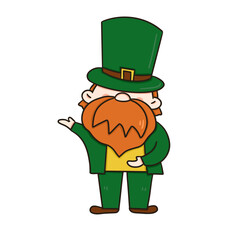Leprechaun celebrating St Patrick's Day with Irish charm, featuring a green hat, cartoon illustration, and festive elements like clover, shamrock, and beer in a vibrant vector image