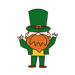 Leprechaun celebrating St Patrick's Day with Irish charm, wearing a green hat, surrounded by clovers, gold, and a festive at mosphere in a charming cartoon illustration with love sign hands 