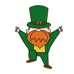 Leprechaun celebrating St Patrick's Day in a green cartoon hat, surrounded by Irish symbols like clover, shamrock, and gold, in a festive vector illustration for the March holiday