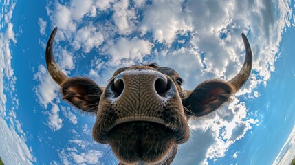 Bottom view of a cow against the sky. An unusual look at animals.  - obrazy, fototapety, plakaty