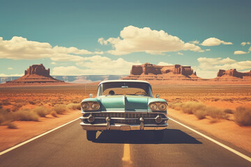 A vintage car driving on highway with landscape of American’s Wild West with desert sandstones.