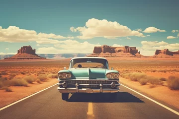 Photo sur Aluminium Voitures anciennes A vintage car driving on highway with landscape of American’s Wild West with desert sandstones.