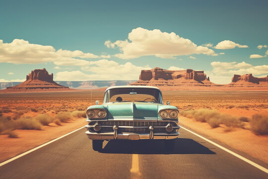 Fototapeta A vintage car driving on highway with landscape of American’s Wild West with desert sandstones.
