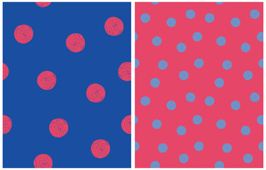Abstract Hand Drawn Dotted Vector Patterns. Dots on a Red and Blue Background. Modern Irregular Geometric Seamless Patterns. Irregular Freehand Print with Polka Dots Perfect for Fabric, Textile. RGB. - 738817608