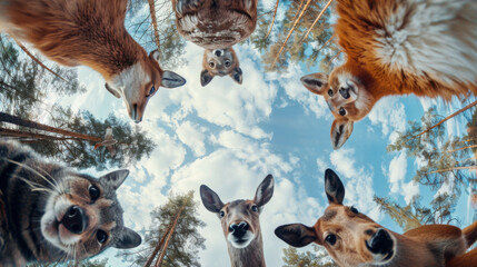 Bottom view of forest animals standing in a circle against the sky. An unusual look at animals. Animal looking at camera