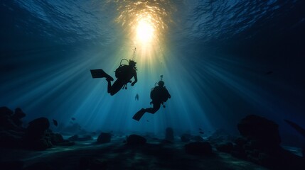 scuba divers under water with sunlight shining through them