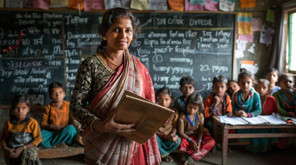 Indian woman volunteer is teaching in remote schools. A female adult teacher is carrying a book and standing in classroom, with several pupils is sitting. Generative AI