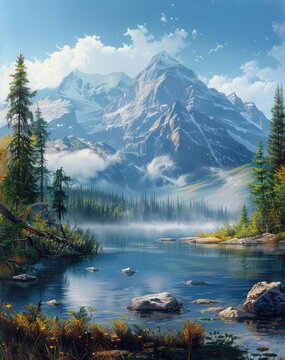 Misty landscape of fir forest in Canada