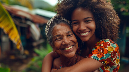 African young women hugging her mother. Daughter and mother are happy and hugging in the yard. Generative AI