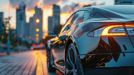 Luxury Sedan Car Close-Up at Sunset in the City. A luxury sedan car with glowing tail lights during...