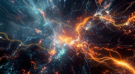 3d rendering of a world full of lights and bright electrical wires, in the style of dark cyan and orange, intertwined networks - obrazy, fototapety, plakaty