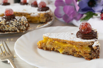 The famous Torta Duchessa Cake on white background, homemade Duchessa cake recipe.