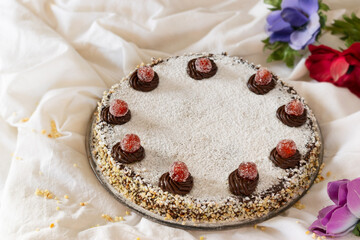 The famous Torta Duchessa Cake on white background, homemade Duchessa cake recipe.