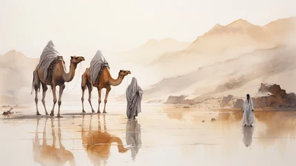 Türaufkleber a camels standing in a body of water with a person in a robe © Violeta