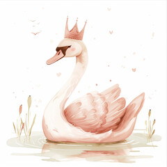 Cute watercolor swan in a crown on white background