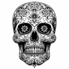 Day of the Dead Sugar Skull black and white for coloring on white background