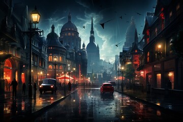 Urban skyline in rain with car lights reflecting on wet roads at midnight - obrazy, fototapety, plakaty