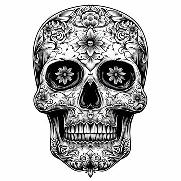 Day of the Dead Sugar Skull black and white for coloring on white background