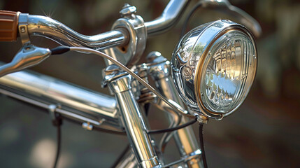 Against a blurred forest backdrop, a close-up captures the vintage bicycle headlamp, handlebars, and bell in detail.